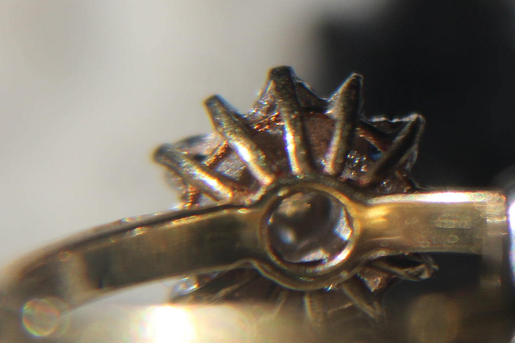 Antique Designer Ring with Sapphire and Diamond set in 18K Yellow Gold with Platinum Accents.